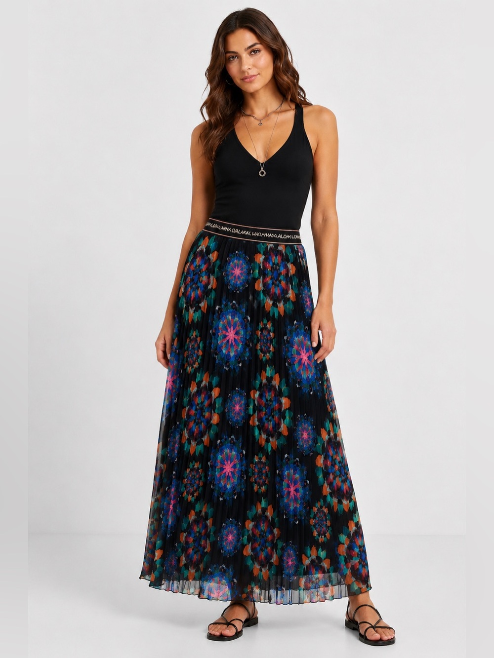 Desigual NWT Pleated Maxi Skirt Mandala Print Boho Festival Artwear IT Size 42